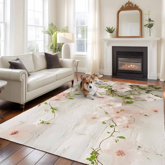 Spring Pink Flower Area Rugs 5x7 ft Retro Pastoral Walls Washable Rug Non Slip Indoor Carpet Absorbent Floor Mat for Living Room Bedroom Dining Room