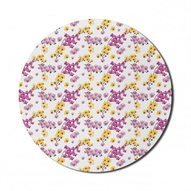 Aloha Mouse Pad for Computers, Hawaiian Purple and Yellow Flourishing Orchid Branches and Buds Floral Motifs Pattern, Round Non-Slip Thick Rubber Modern Mousepad, 8" Round, Multicolor, by Ambesonne