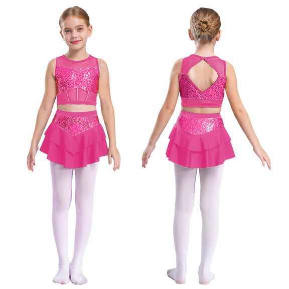 iixpin Kids Girls Jazz Ballet Modern Lyrical Dance Costume Cheerleading Sequin Tank Tops with Skirt Set Hot Pink 12