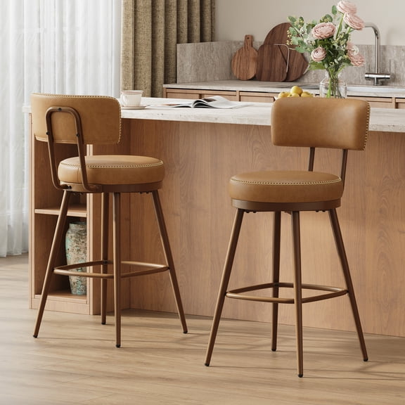 EOP Swivel Bar Stools Set of 2, Round Upholstered Counter Height Barstools, PU Leather Kitchen Island Stools with Low Back, Brown