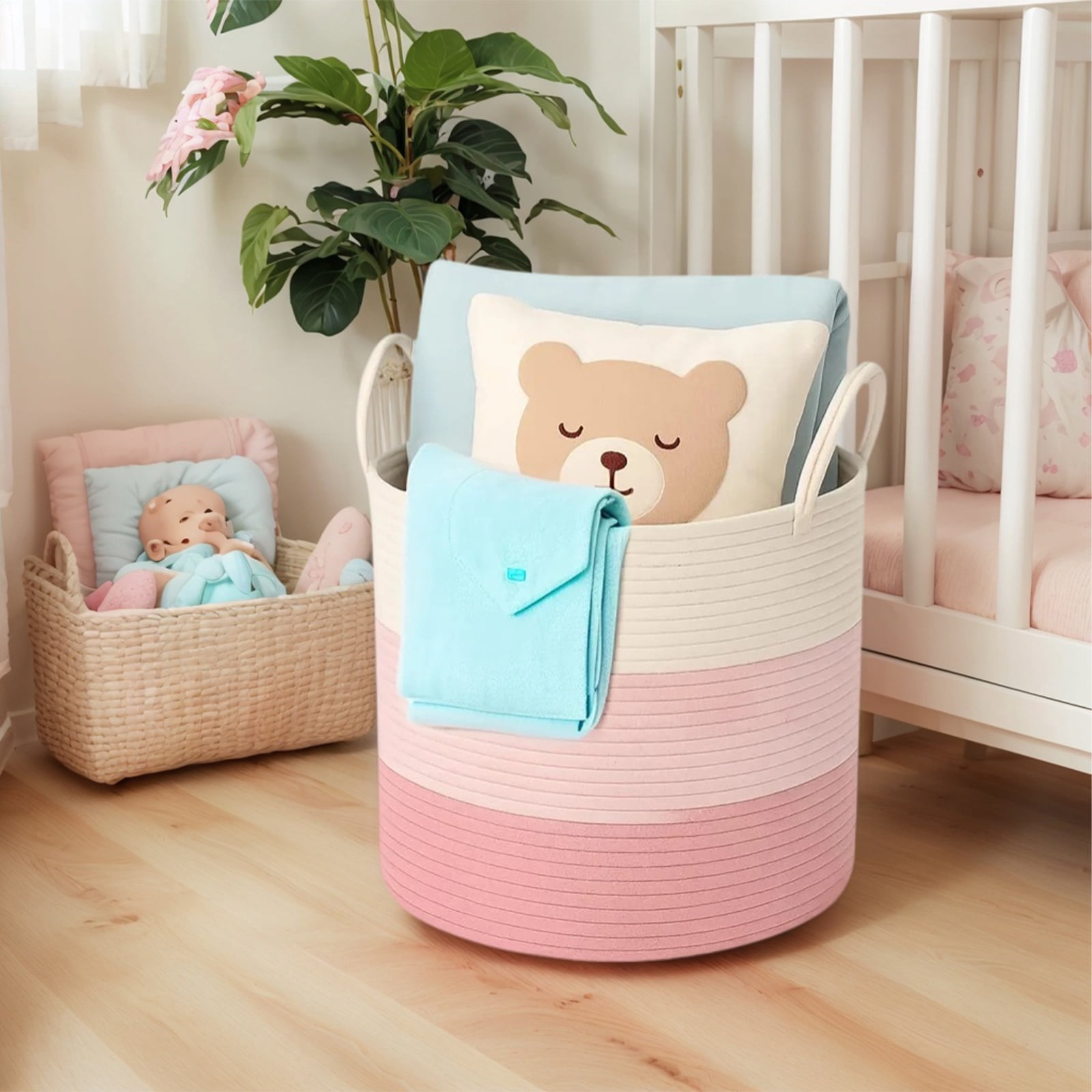 PinkSheep Laundry Basket, Collapsible Woven Cotton Rope Laundry Hamper Storage Baskets with Handles, Ivory & Pink