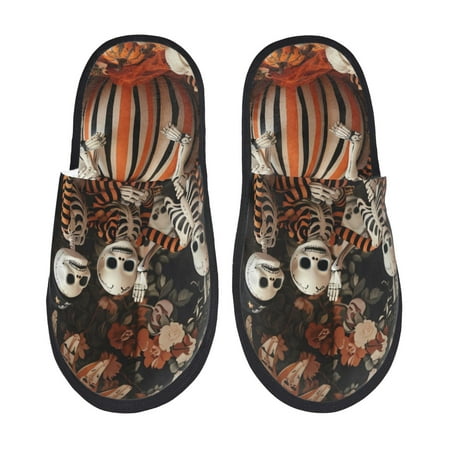 

Fuzoiu Whimsical Halloween Skeletons Print Unisex Furry Slippers Plush Indoor Shoes Trendy House Slippers Anti-Skid EVA Sole House Shoes for Home Office and Travel -Medium