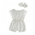 thumbnail image 1 of Baby Lace Little Flying Sleeve One-Piece Romper + Headscarf Female Baby Linen Back Button Lace Edge Romper  Two-Piece Set, 1 of 15
