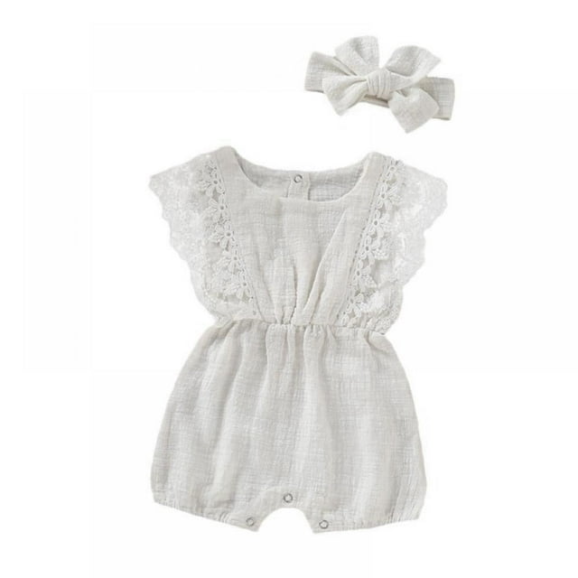 MesaSe Newborn Baby Girls Rompers Flare Sleeve Lace Summer Infant Jumpsuit with Headband