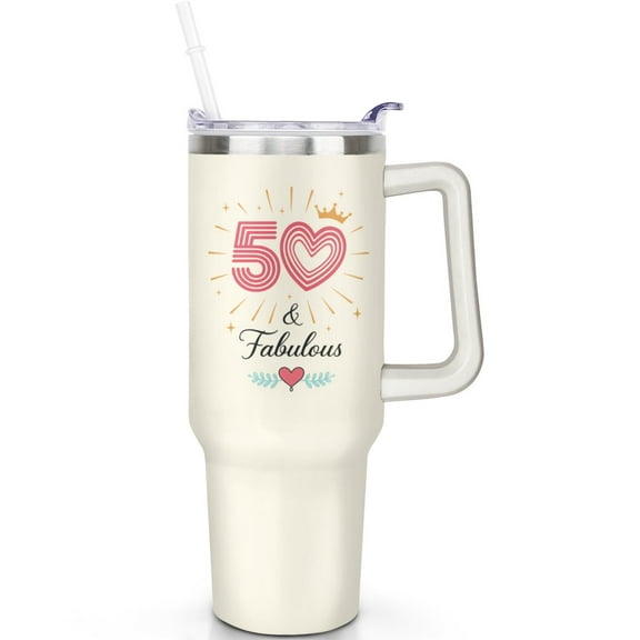 1pc 50 years old 40oz Tumbler with Straw & Handle - Insulated Stainless Steel Cup | Holiday Gift for Man Women (Christmas, Valentine's, Birthday)