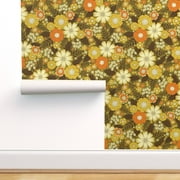 Peel & Stick Wallpaper Swatch - Retro Vintage Floral Pattern Green Hippie 70S Custom Removable Wallpaper by Spoonflower