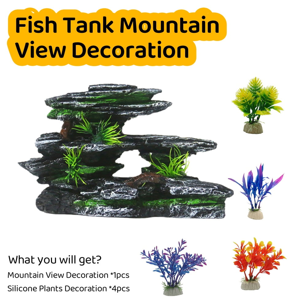 Resin Aquarium Mountain Decor with PVC Artificial Plants - Multi-Hole Cave & Resting Platform for Fish, Natural Stone Look Decoration for 10-50 Gallon Freshwater Tanks