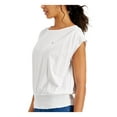 thumbnail image 3 of TOMMY HILFIGER Womens White Smocked Gathered Cap Sleeve Crew Neck Top XL, 3 of 4