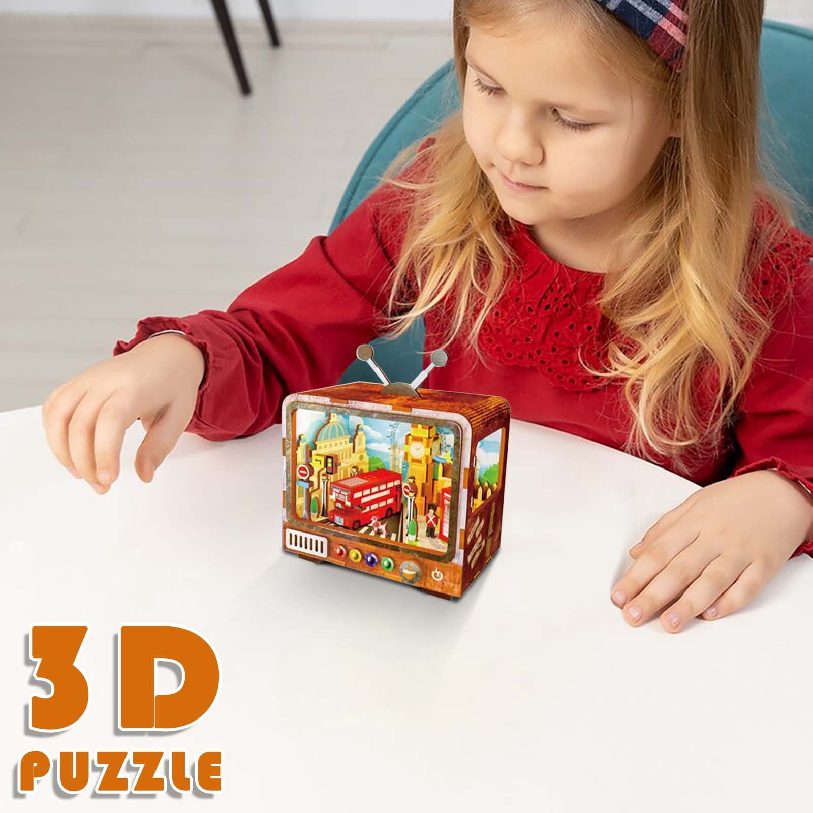 3D Wooden Puzzle TV Building Model, City Theme Architectural Toy with LED Light, Assembly Building Blocks Kit for Teens Adults, Educational Home Decor Gift