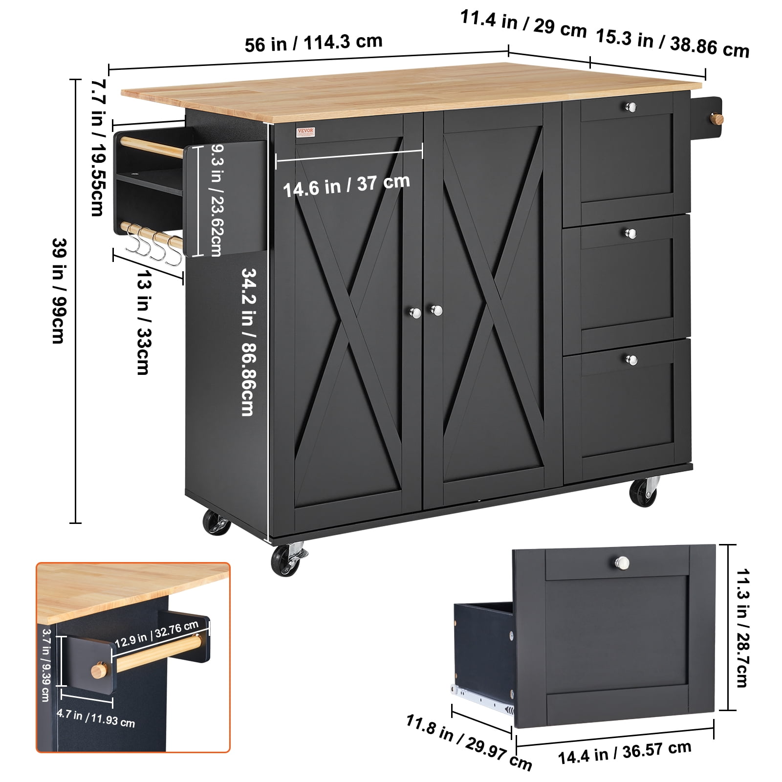 VEVOR Kitchen Island Cart, 56" Wood Top Mobile Carts with Storage Cabinet, Rolling Table with Drop Leaf, Spice Rack, Towel Bar, Adjustable Shelf, Drawer, and Hooks, Portable Islands on Wheels, Black