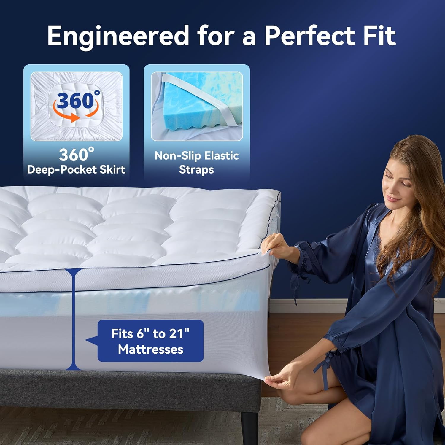 Queen Size Dual Layer 4 Inch Memory Foam Mattress Topper, 2 Inch Fluffy Soft Pillow Top Mattress Pad Cover and 2 Inch Gel Memory Foam for Back Pain Relief, Breathable, Cooling