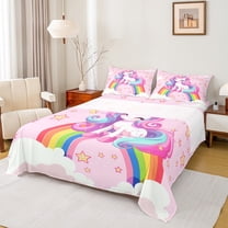 Homewish Girly Pink Unicorn Twin Sheet Sets for Kids, Kawaii Stars Rainbow Cloud Twin Fitted Sheet, Cartoon Animal Flat Sheet, Lightweight Room Decor, 3pcs