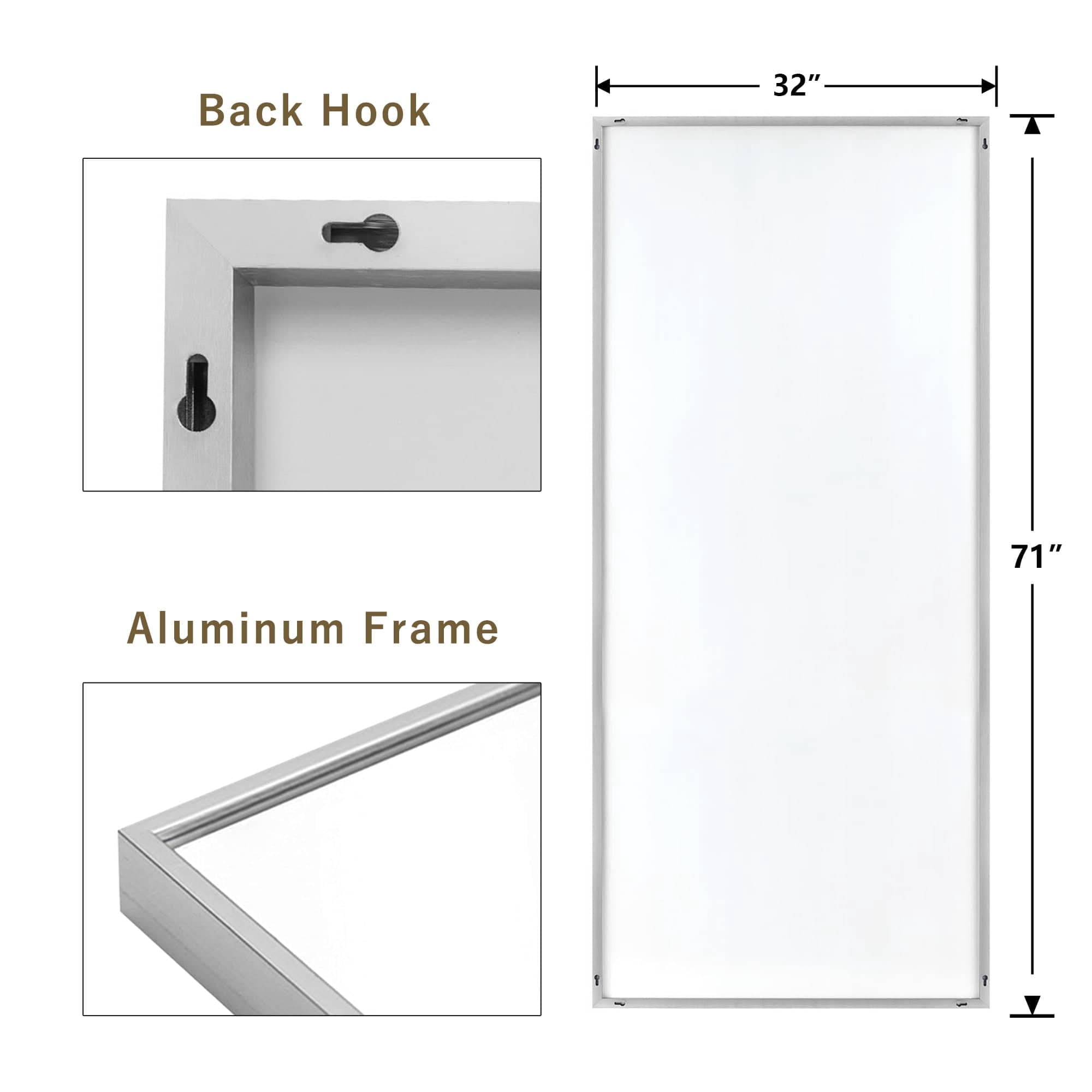 MAYEERTY 71"x31"x1" Aluminum Mid-Century Edged Rectangular Full-length Mirror with Bracket for Bathroom, Silver