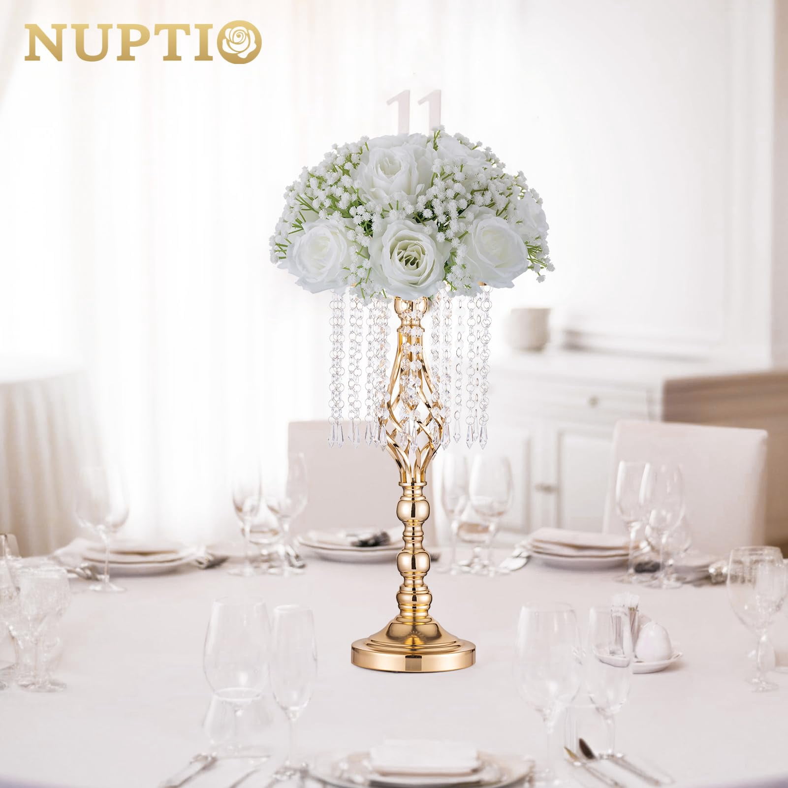 NUPTIO Baby Breath Centerpiece White Flowers：10 Pcs White Roses Artificial Flowers Centerpiece Wedding