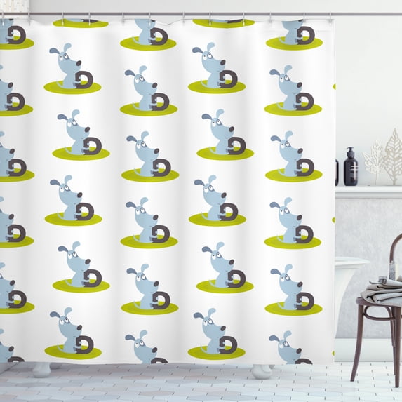 Nature Shower Curtain, Illustration of Doggies Holding D Letter Funny Cartoon Style Animal Concept, Fabric Bathroom Set with Hooks, 69W X 75L Inches Long, Multicolor, by Ambesonne