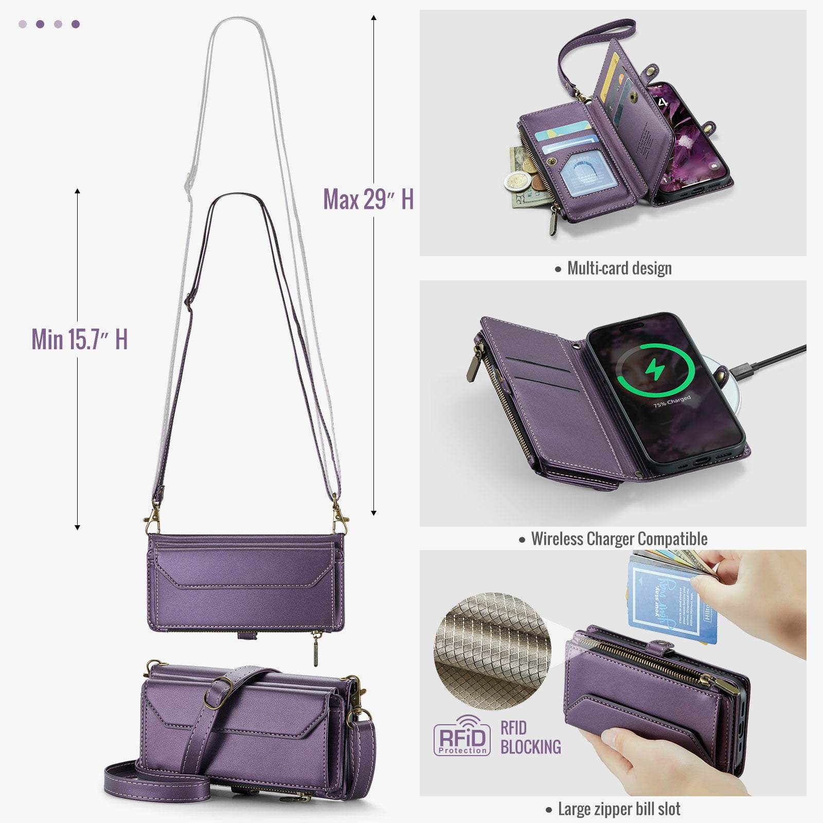 Asuwish Compatible with iPhone 16 6.1 inch Zipper Wallet Phone Case Tempered Glass Screen Protector Crossbody Lanyard Strap Flip Card Holder Slot Cell Cover for i Phone16 i16 16Case Women Purple