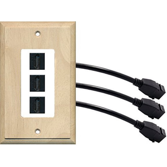 RiteAV (1 Gang Decorative 3 HDMI Black Wall Plate w/Pigtail Extension Cable Wood on White