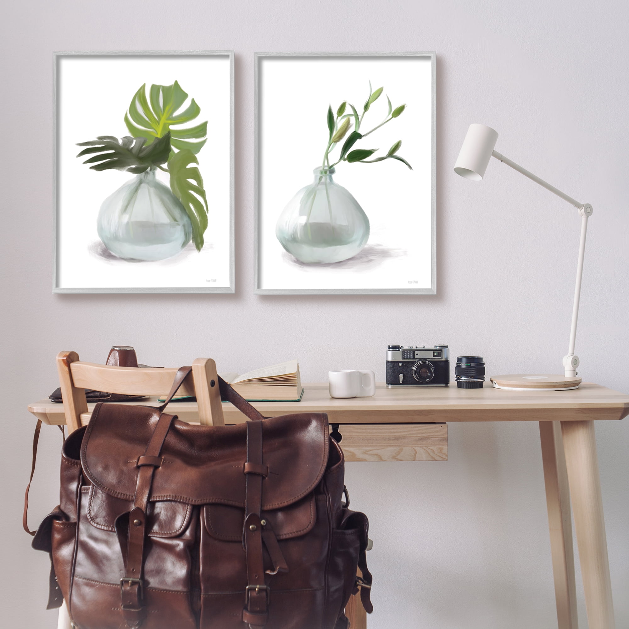 Stupell Simple Monstera Plant Leaf Sprigs Botanical & Floral Painting Gray Framed Art Print Wall Art, Set of 2