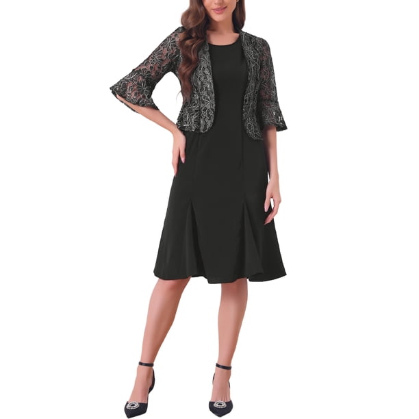 Inspire Chic 2 Piece Dress Sets for Women's Long Sleeve Lace Cropped Shrug Sleeveless Midi Dresses Party Dress L Black