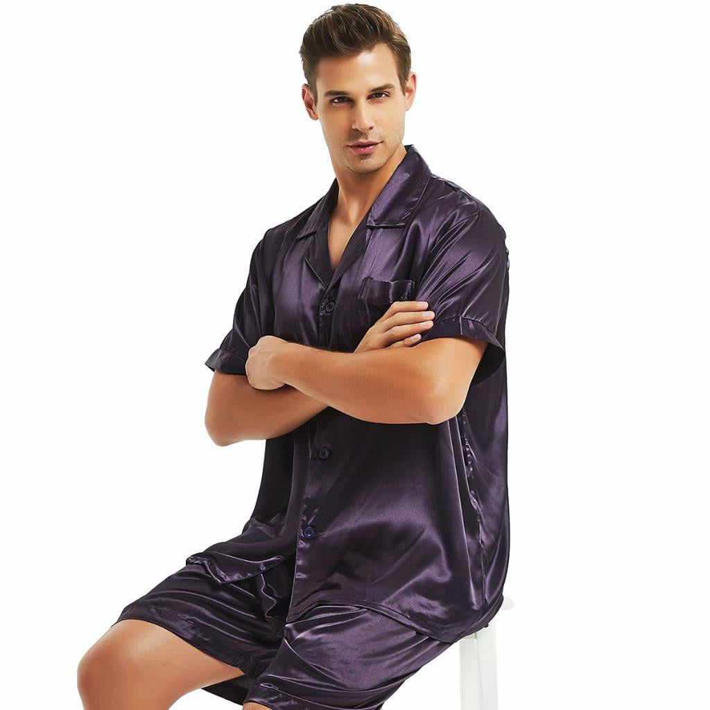 LONXU Men's Pajamas Short Sleeve Silk Satin Luxury Drawstring Nightwear