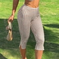 thumbnail image 6 of Womens Gingham Check Capri Leggings Low Rise Slim Fit Yoga Capris Scalloped Waist Casual Cropped Pants with Side Slit Hem Khaki L, 6 of 8