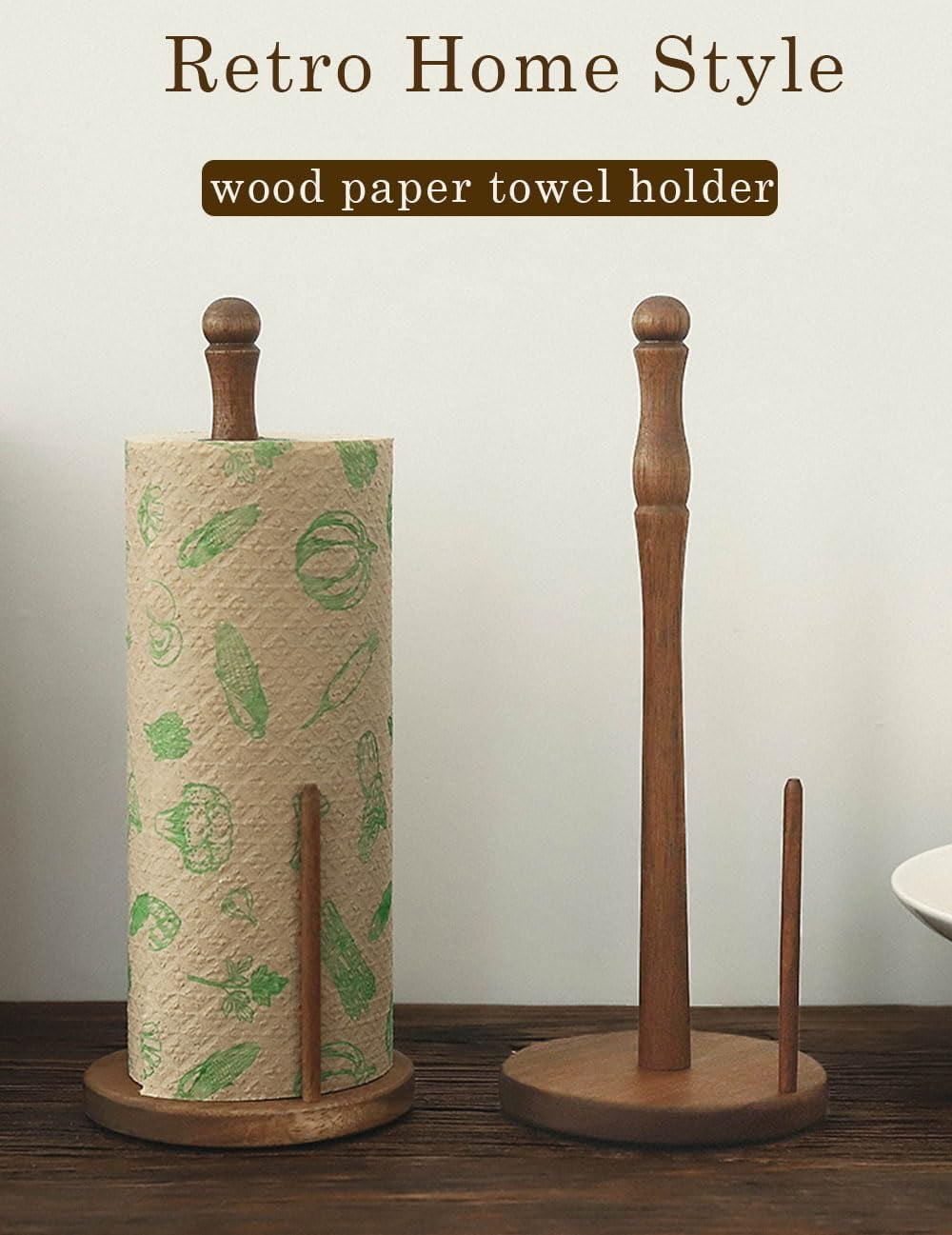 Wood Paper Towel Holder, Vintage Wooden Countertop Paper Towel Holders for Kitchen Roll Holder, Paper Towel Holder for Kitchen Roll Organize, Free-Standing Kitchen Roll Holder with Wood Base
