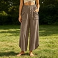 thumbnail image 5 of Oiangi Women's Wide Leg Pants Elastic Waist Curved Hem Ankle Pant Fall Casual Ruched Travel Trousers with Pockets Khaki 2XL, 5 of 6