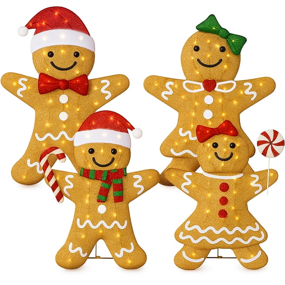 4pc Gingerbread Family 2D Christmas Yard Decor, 4ft Light Up Holiday Lawn Decoration, 200 LED Lights
