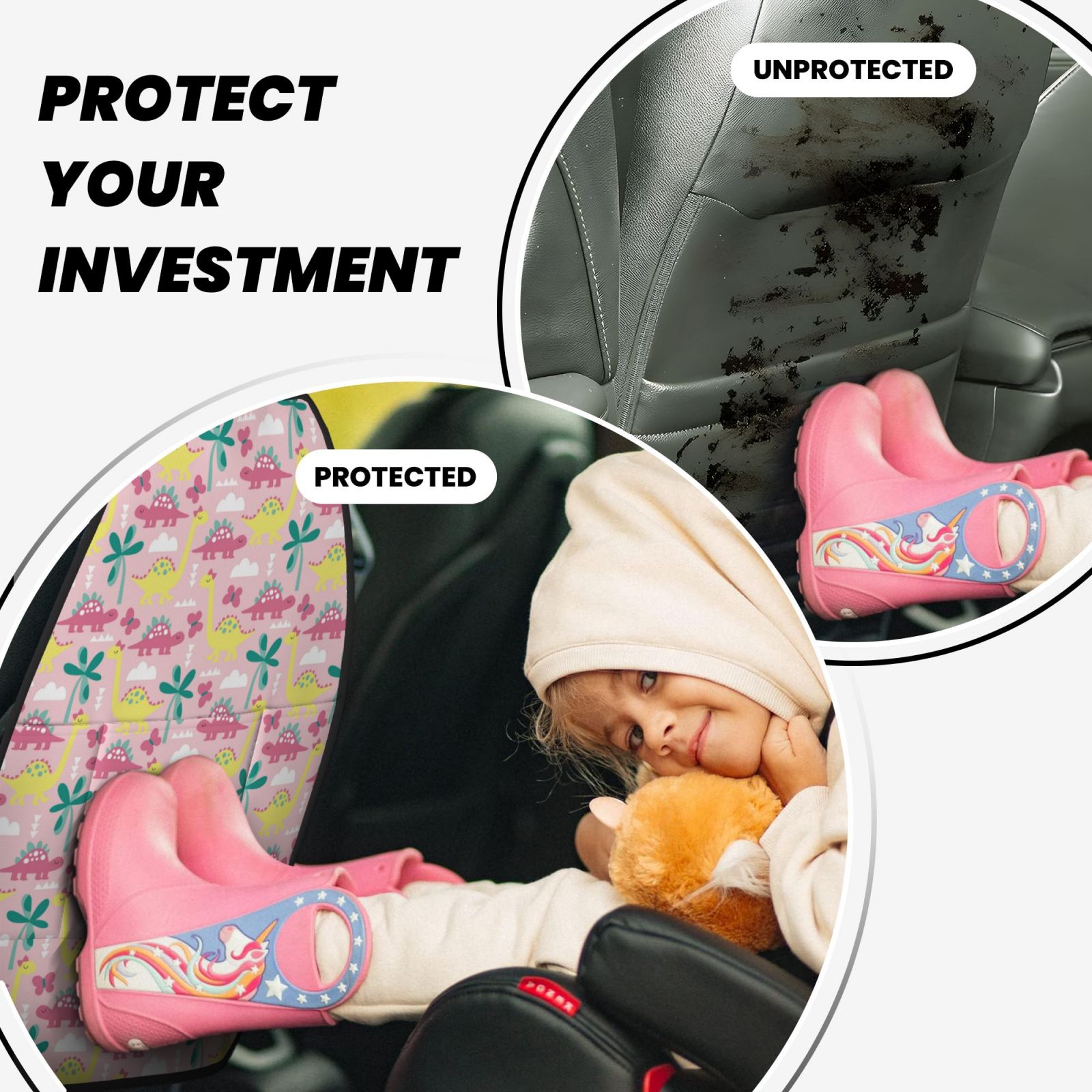 Kdxio Dinosaur Print 2 Pack Car Kick Mat Seat Cover Back Protector Mat with Pockets for Organizer Backseat Protector and Storage Anti Kick Pad for Vehicles