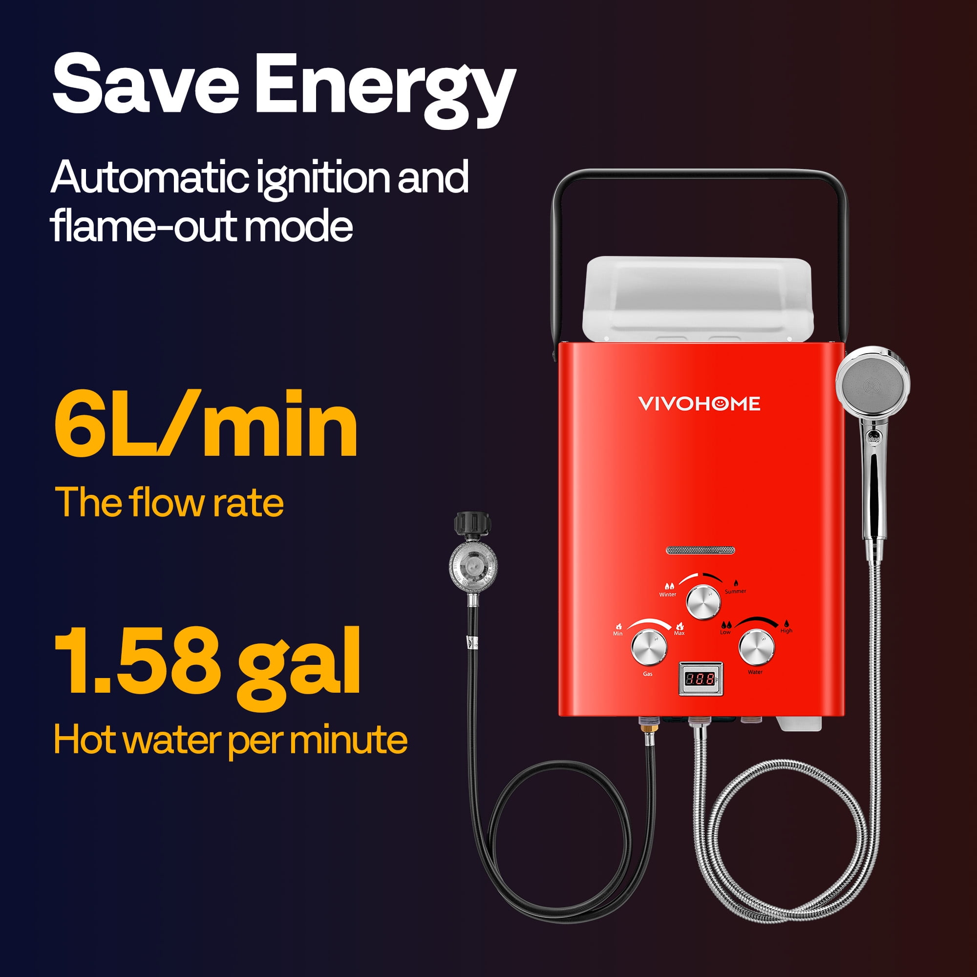 VIVOHOME Portable Propane Tankless Water Heater, 1.6GPM 6L Tankless Instant Hot Water Heater with Digital Display for Home RV Camping Use，Red