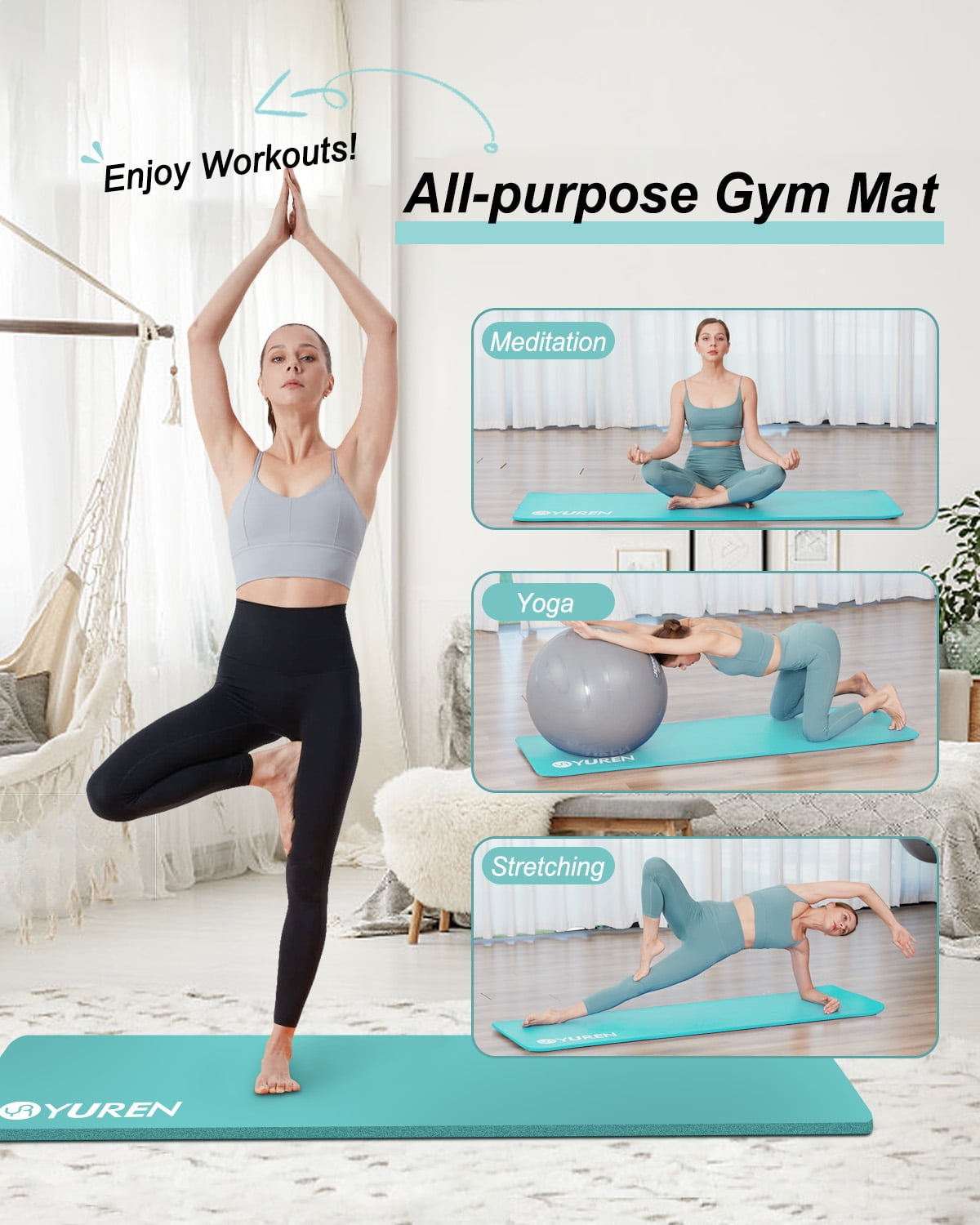 YR Durable Non-slip NBR Yoga Mat 1/2 Inch Hi-Density Foam Exercise Mat with Carry Bag, IceBlue