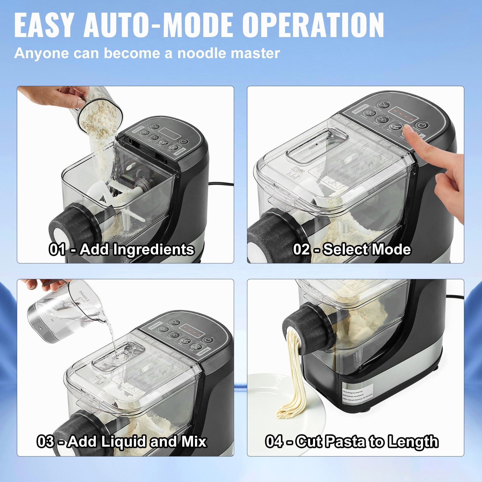 KFFKFF Automated Pasta Creator, 150W Electric Noodle Fabricator with Eight Different Pasta Forms, Four Smart Settings, 500g Flour Holding Capacity, Comes with Measuring Cups and Cleaning Brush