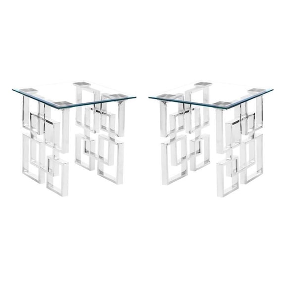 Home Square Contemporary Clear Glass End Table in Silver - Set of 2