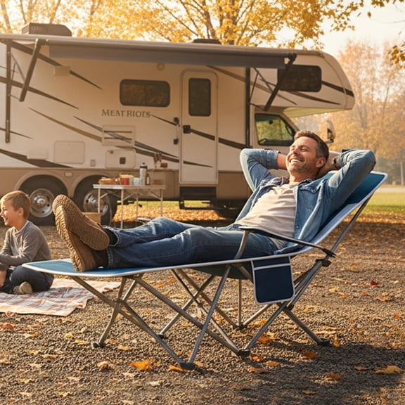 Folding Beach Chair Recliner for Adults - Heavy Duty 300lbs Camping Chair with Adjustable Backrest & Footrest, Portable Outdoor Lounge Chair for Backyard, Fishing, Travel