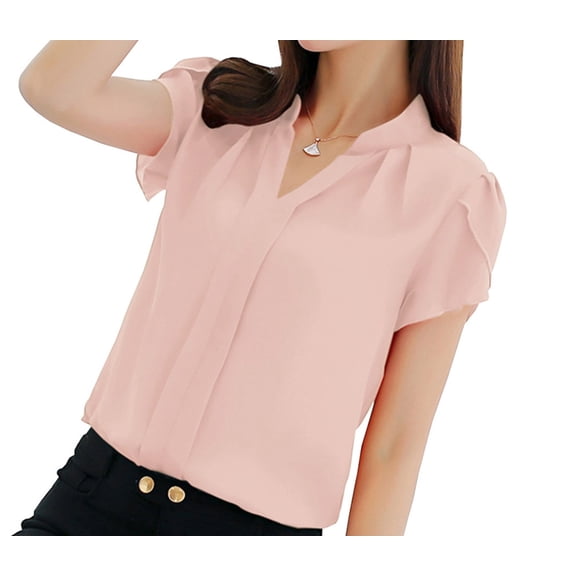 Women Short Sleeve Blouses Shirts Elegant V Neck Summer Korean Fashion Work Casual Tunic Tops