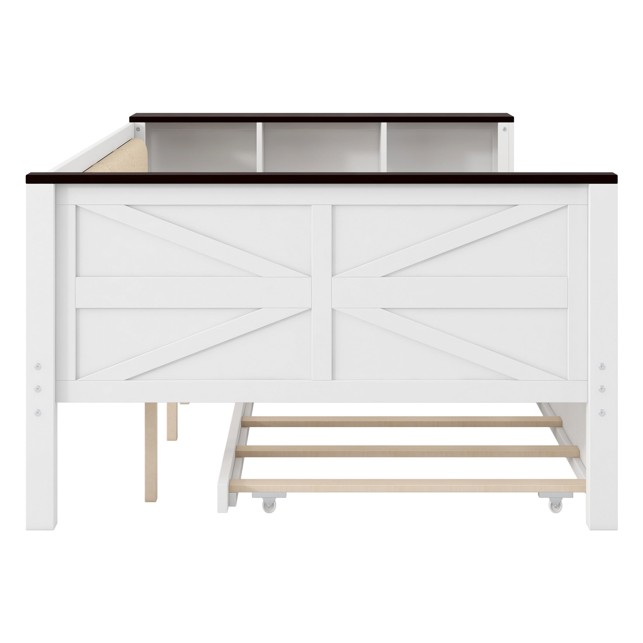 Noble House Full Size Daybed with Trundle and USB, Wood Sofa Bed with Storage Shelves, Upholstered Backrest, White