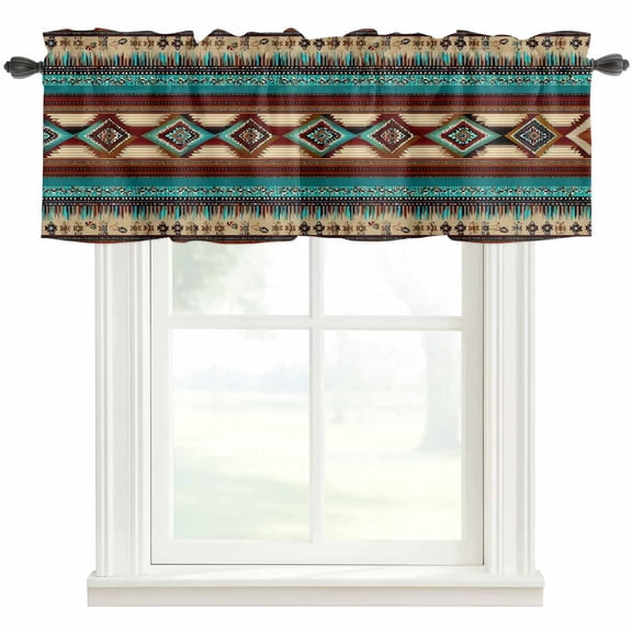Vintage Southwestern Kitchen Valances for Windows, Ethnic Abstract Geometric Turquoise Bathroom Window Valances 42x12 Inch Rod Pocket Window Treatments Valance Curtains for Living Room Bedroom Decor