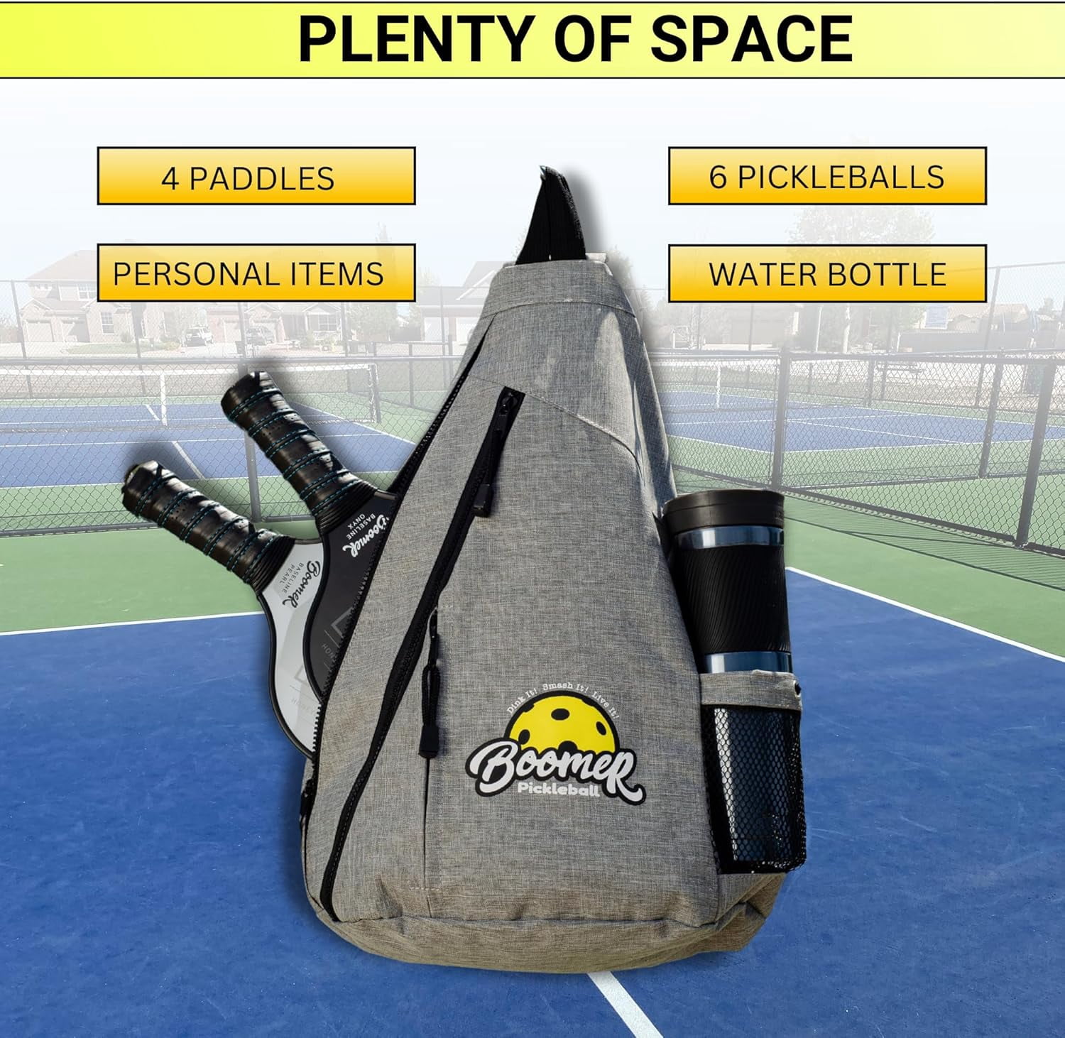 Boomer Pickleball Sling Bag with Paddle Storage, 3 Zipper Compartments, Water Bottle Pocket, Fence Clip