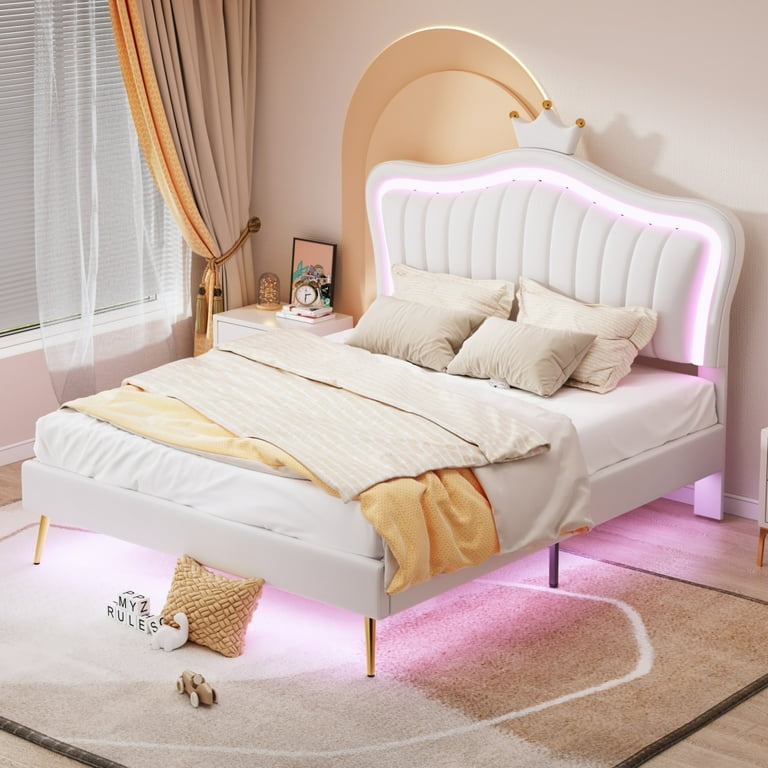 Clipeyh Queen Upholstered Bed Frame with Crown Headboard LED Lights No Box Spring Needed