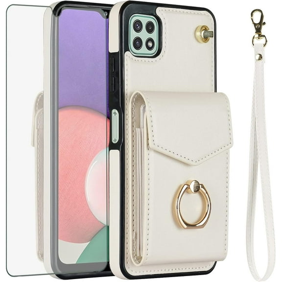 Asuwish Compatible with Samsung Galaxy A22 5G Wallet Phone Case Tempered Glass Screen Protector Ring Stand RFID Credit Card Holder Slot PU Leather Cell Cover for A 22 22A A22s G5 Women Girls White