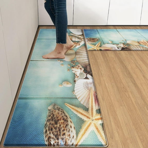 Anti-Fatigue Kitchen Rug Set of 2 Summer Star Sea Beach Green Cushioned Kitchen Floor Mat, Standing Mat Waterproof Non-Slip Kitchen Mats and Rugs PVC Ergonomic Comfort Foam Rug for Kitchen