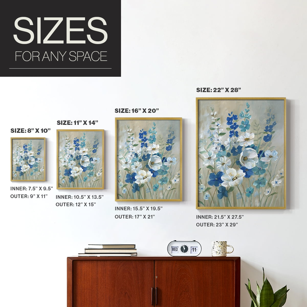 Blue Garden I Framed Print in Gold Solid Wood Framed Print No Nail Hanging