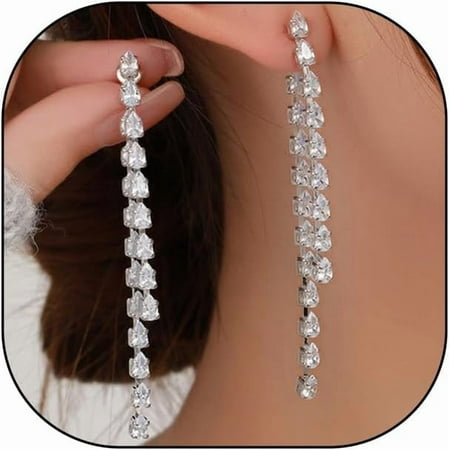 Silver Long Crystal Dangle Earrings for Women Prom,Formal Dainty Rhinestone Dangly Drop Earring for Wedding Bride,Trendy Sparkly Chandelier Jewelry[a085]