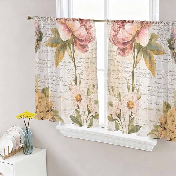 Vintage Hydrangea Floral Semi Sheer Curtains 45 Inch Length 2 Panels Set, Spring Botanical Flowers Sheer Kitchen Curtain Privacy Voile Window Curtain for Living Room Bedroom Rod Pocket Drapes
