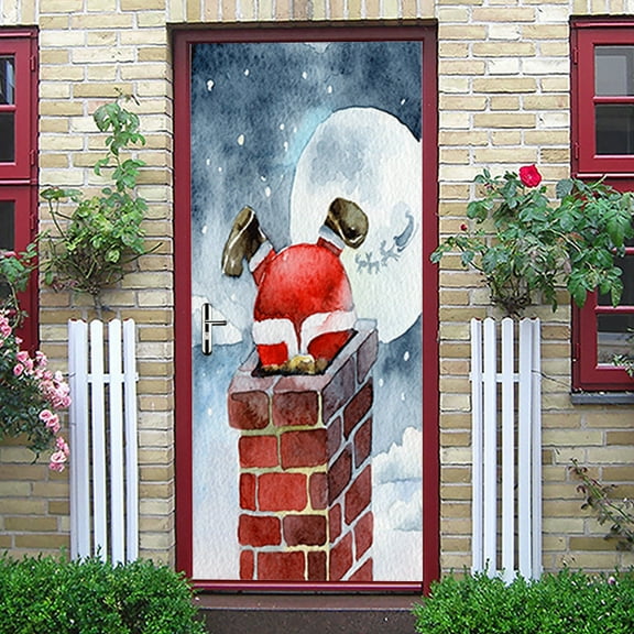 Christmas door stickers creative imitation 3D Santa Claus climbing the chimney wooden door stickers decorative wall stickers,SP-F118,S(38.5x200cmx2Pcs)