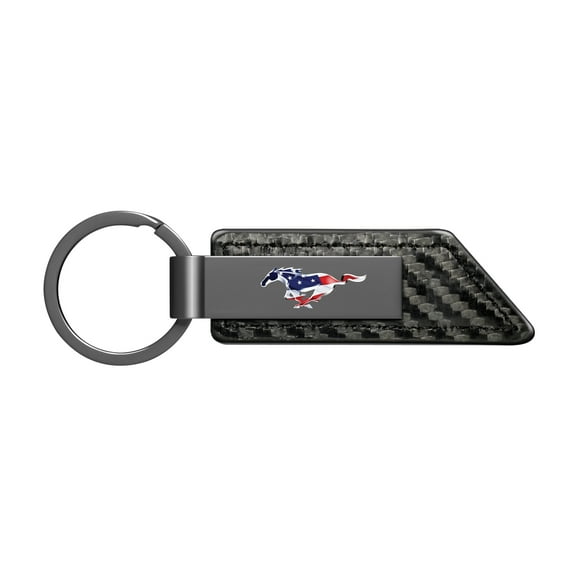 Mustang in USA Flag Gunmetal Black Gray Metal Carbon Fiber Texture Leather Key Chain