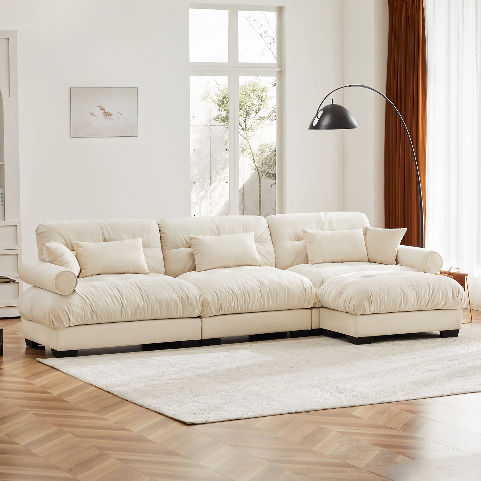 130"Oversized Couch, 3 Seater Modular Sectional Sofa, Beige Large L Shaped Sectional Couches for Living Room, Fluffy Couch Set, 3 Seater, Velvet Cloud Couch with Ottoman, Sofas for Living Room