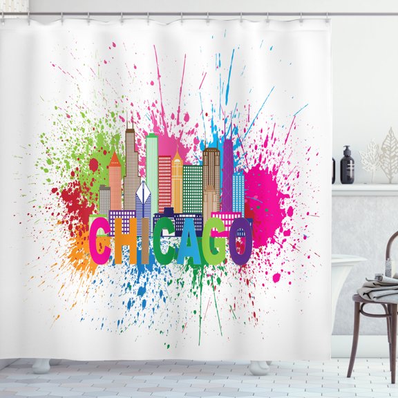 Ambesonne Chicago Skyline Shower Curtain, City and Color Spot, 69"Wx70"L, Multicolor