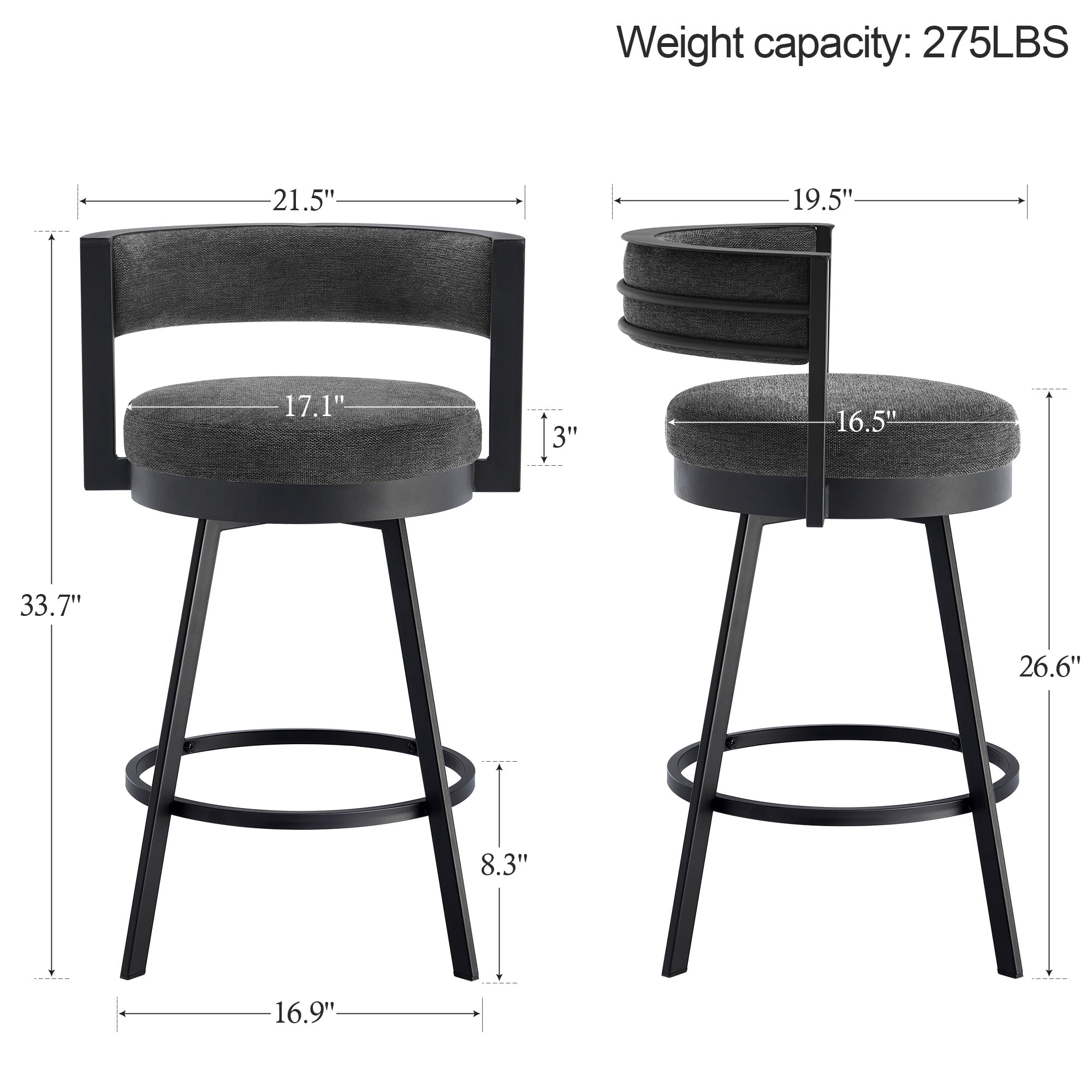 Zesthouse 26.6″ Swivel Bar Stools Set of 2, Linen Upholstered Counter Height Chairs with Barrel Back Metal Legs, Modern Barstools for Kitchen Island, Dark Gray