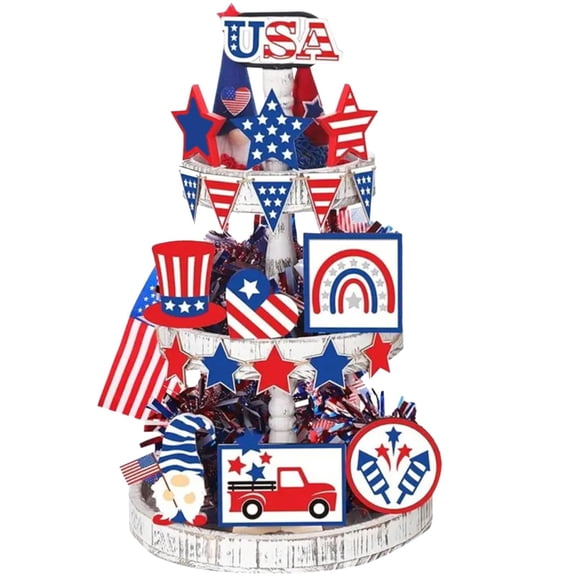 MOQIN 12 Pcs 4th of July Tiered Tray Decor Set Patriotic Tiered Tray Decorations Memorial Day Wooden Signs Rustic USA Star Wood Table Decor for Home Farmhouse Party